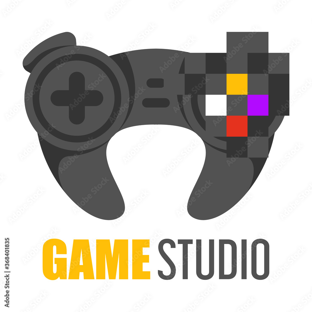 Game studio logo vector isolated. Gaming controller. Play games with modern device. Abstract design of logotype, pixel style. Game studio logo vector isolated. Gaming controller. Play games with modern device. Abstract design of logotype, pixel style.