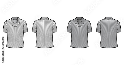Ribbed cowl turtleneck knit sweater technical fashion illustration with short rib sleeves, oversized. Flat outwear apparel template front, back white grey color. Women, men unisex shirt top CAD mockup