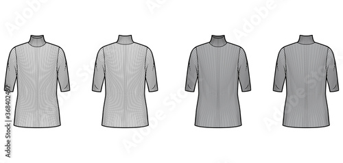 Turtleneck ribbed-knit sweater technical fashion illustration with elbow sleeves, oversized body, tunic length. Flat sweater apparel template front, back white grey color. Women, men unisex shirt top