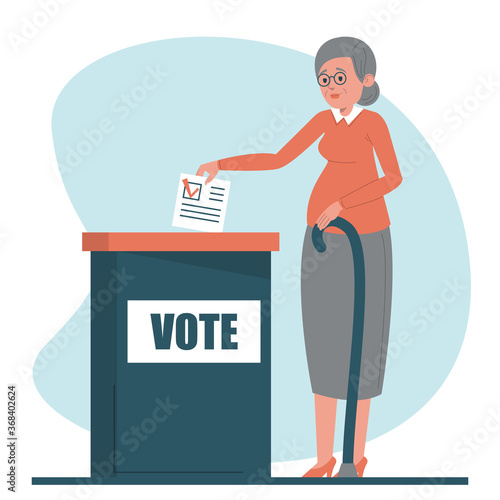 Senior woman voting for a president vector isolated. Female character standing at the vote box and holding voting ballot.