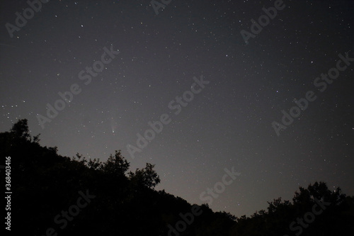 The starry sky at night and the neowise 2020 comet with silhouette of trees