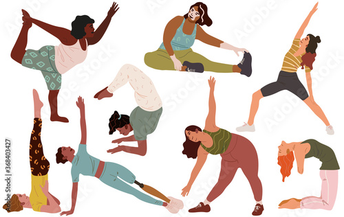 The concept of diverse women doing yoga, gymnastics, stretching at home or in the gym. People of different physique, physical capabilities, appearance. Every person is an athlete. Vector flat cartoon.