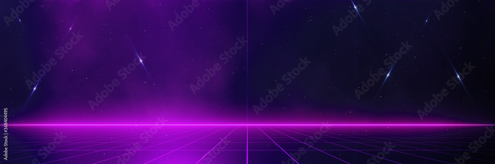 Retro cyberpunk style 80s Sci-Fi Background Futuristic with laser grid landscape. Digital cyber surface style of the 1980`s. 3D illustration