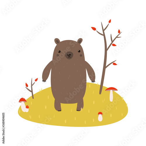vector, bear in the autumn meadow with mushrooms.