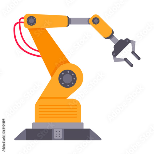 Robotic arm flat style design vector illustration isolated on white background. Robot arm or hand. Industrial manipulator. Modern smart factory industry 4.0 technology manufacturing.