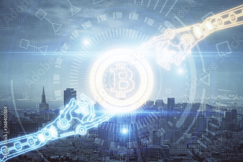 Double exposure of crypto currency theme hologram drawing and city veiw background. Concept of blockchain and bitcoin.