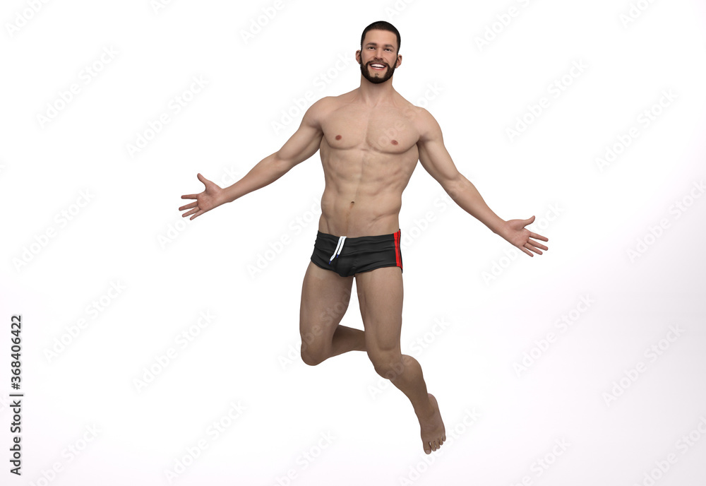 Obraz premium 3D Render : The picture of a happy guy jumping in the air wearing swimsuit