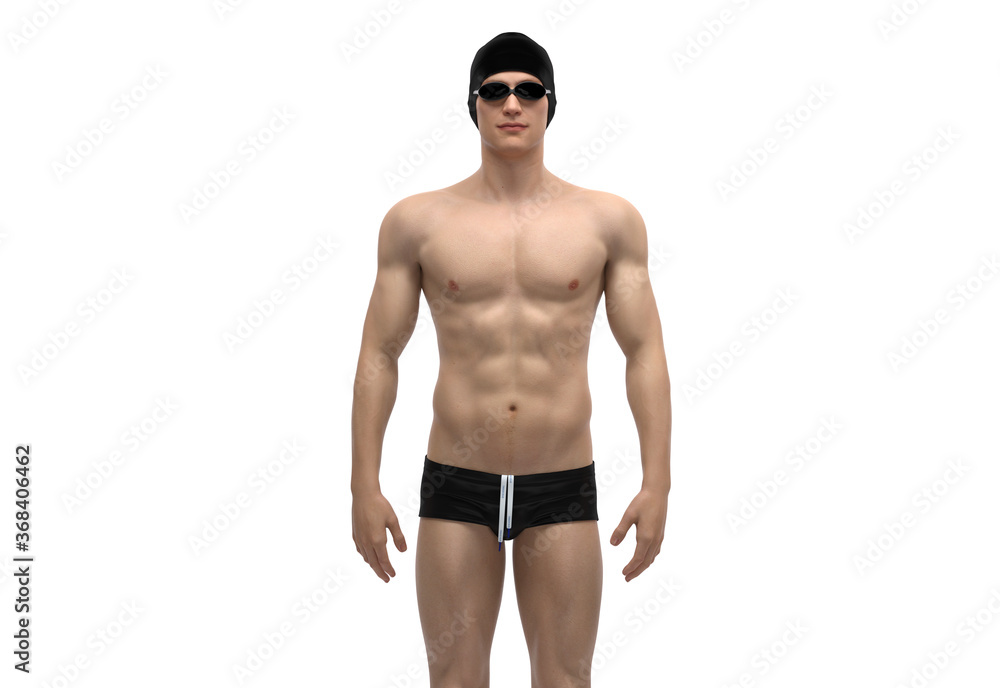 Fototapeta premium 3D Render : The portrait of a swimmer in swimsuit with goggle and cap