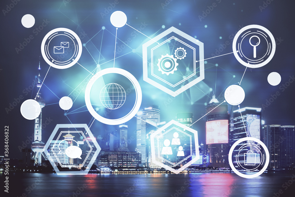 Multi exposure of social network theme drawing and cityscape background. Concept of people connecton. Multi exposure of social network theme drawing and cityscape background. Concept of people connecton.