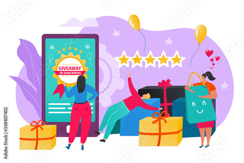 Giveaway concept, users with like and share icons and smartphone. Like comment share giveaway, social networks promotion, targeted social media ads. Promo campaign, SMM. Interactive advertising.