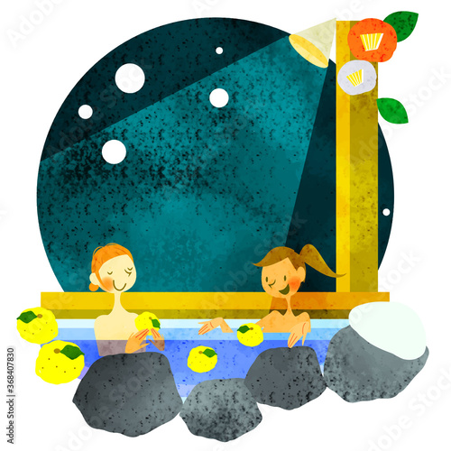 夜の露天風呂でリラックスする女性ふたり　水彩テクスチャ