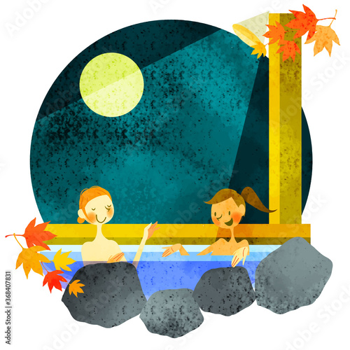 夜の露天風呂でリラックスする女性ふたり　水彩テクスチャ