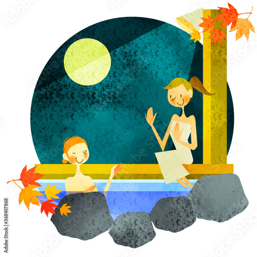 夜の露天風呂でリラックスする女性ふたり　水彩テクスチャ