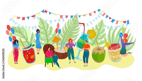 Cocktail party summer poster with alcohol beverages drinks in glasses and tiny people celebrating holiday event vector illustration. Coctail party with lime, cocos, liquor and refreshment.