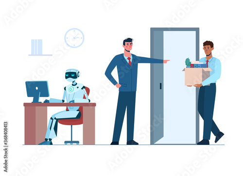 The robot is in the workplace, and person is fired. Man lost her job due to robotics. Business people, africans, unemployment. Artificial intelligence has replaced humans. Flat vector, isolated