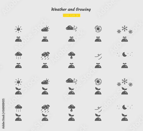 solid icon symbol set, weather and plant growing, nature, Isolated flat silhouette vector design