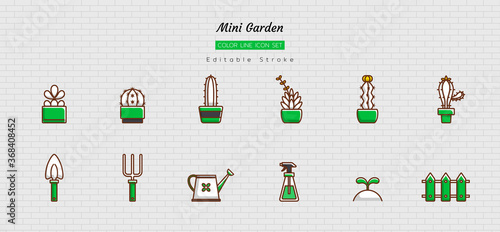 filled color line icon symbol set, mini home gardening, greenhouse, little cactus, succulent, tool, equipment, Isolated flat vector design, editable stroke