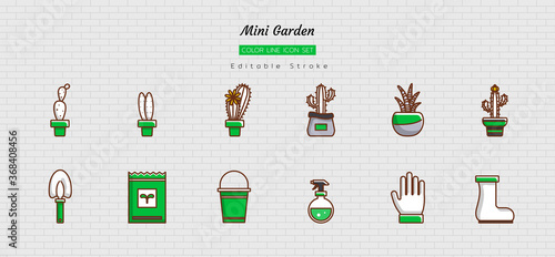 filled color line icon symbol set, mini home gardening, greenhouse, little cactus, succulent, tool, equipment, Isolated flat vector design, editable stroke