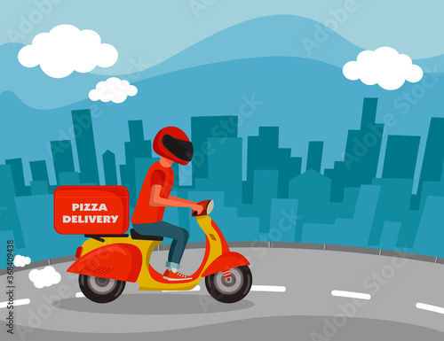 Scooter pizza delivery and blue town background.