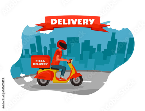 Scooter pizza delivery and blue town background. Isolated vector illustration.