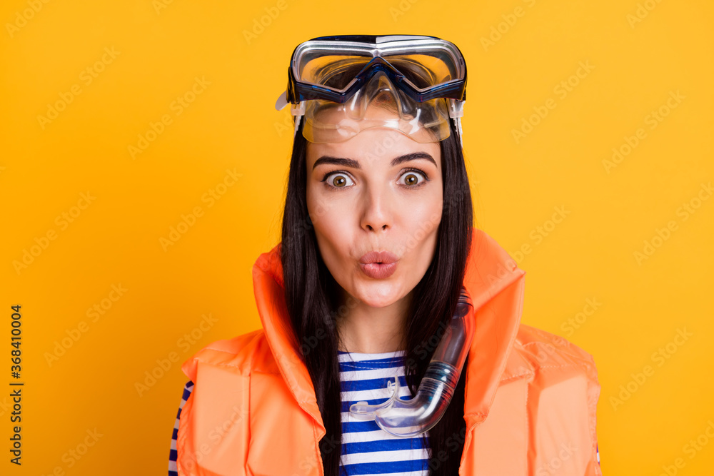 Close up photo of surprised girl tourist impressed life guard work rescue tourism people wear goggles mask tube vest striped shirt blue white isolated over bright shine color background Close up photo of surprised girl tourist impressed life guard work rescue tourism people wear goggles mask tube vest striped shirt blue white isolated over bright shine color background