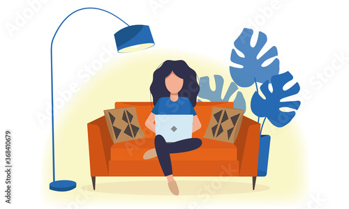 Woman working at home with computer. Young people, freelancers, working on laptops. Vector flat style illustration.