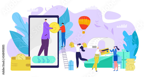 Business cash back at smartphone, pay by cash money vector illustration. Financial customer use mobile payment transaction. Coin transfer to people character by commerce app, electronic concept.