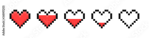 Gaming 8 bit health heart bar. Pixel game controller life bar. Vector illustration.
