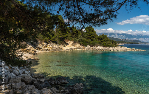 Beautiful beach surrounded by coniferous forest on the Rab island, Croatia. Transparent water on Adriatic coast. Rab island - touristic destination.