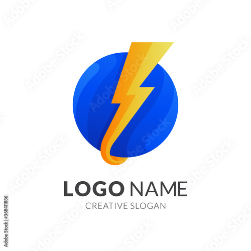 Free Download thunder and globe logo design, modern 3d logo style in gradient blue and yellow color - GFXLoad