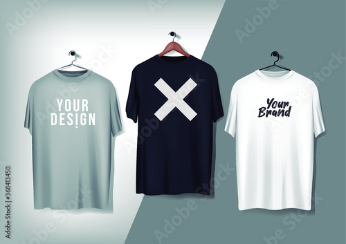 Men's gray basic t-shirts mockup with wood and metal hanger. Mockup clothes for ads, advertisement, branding.
