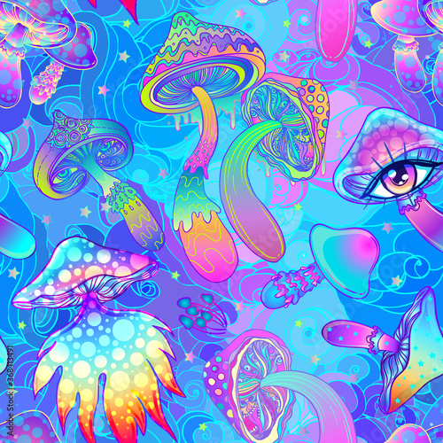 Magic mushrooms. Psychedelic hallucination. Vibrant vector illustration. 60s hippie colorful background  hippie and boho texture. Ttrippy wallpaper.
