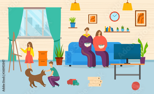 Family at home together, vector illustration. Father mother at sofa, kid character draw and play with dog, flat house interior. Boy girl sitting indoor, cartoon leisure in living room.