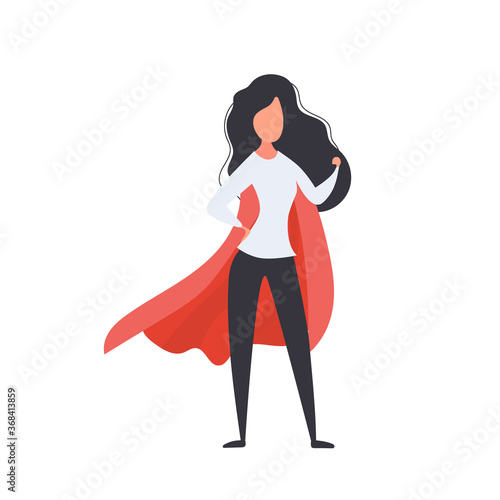 Girl with a red cloak. Superhero woman. Successful person concept. Isolated. Vector.