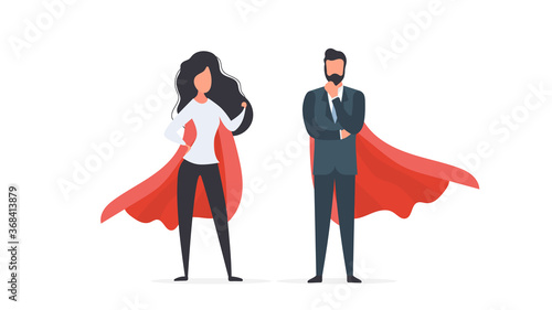 Girl and guy with a red raincoat. Woman and man superhero. The concept of a successful person, business or family. Vector.