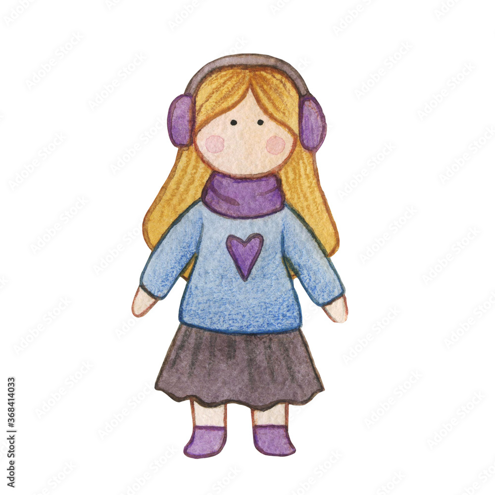Original watercolor doll. Picture with cartoon girls. Nice illustration for for book, stickers,logo, business card or postcard.

