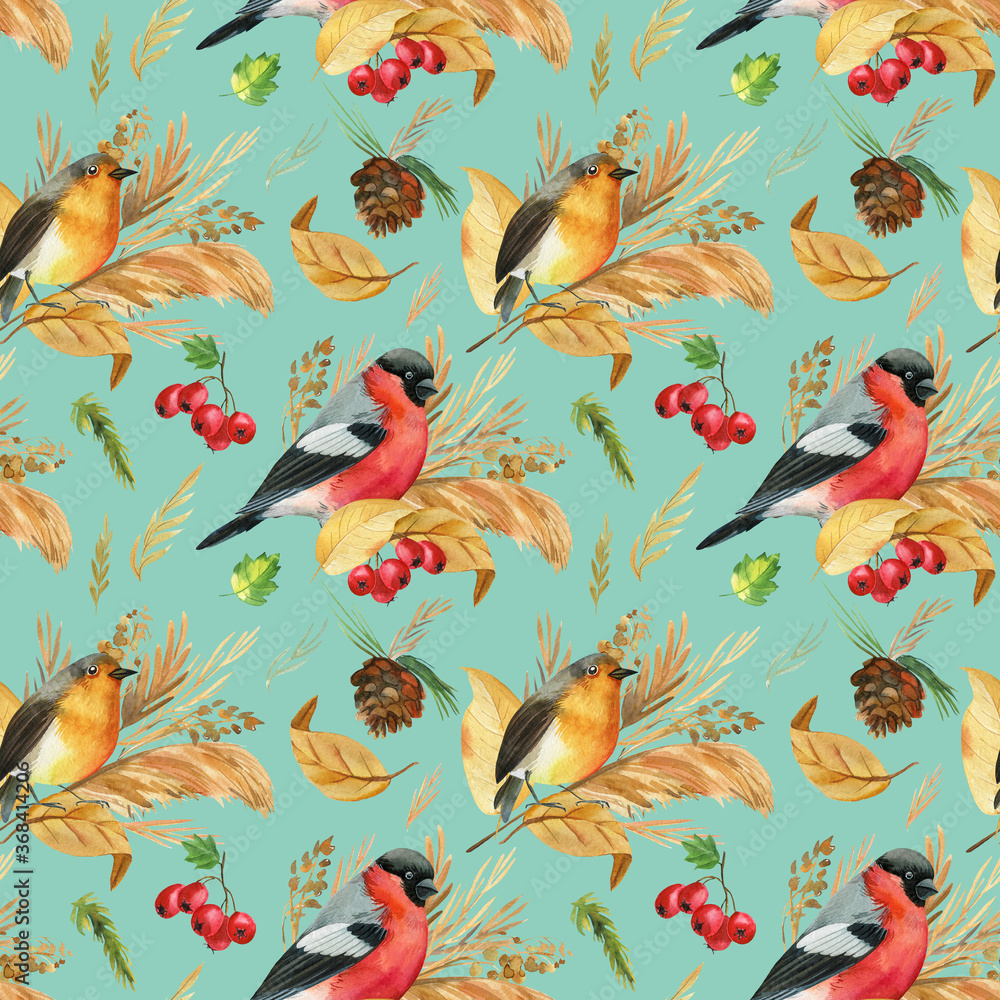 Seamless pattern with birds bullfinches, robin. Autumn leaves watercolor, isolated background, hand drawing