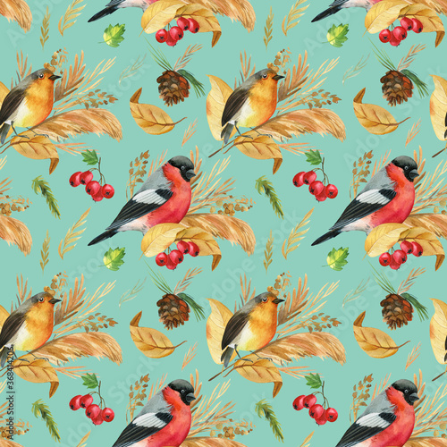 Seamless pattern with birds bullfinches, robin. Autumn leaves watercolor, isolated background, hand drawing © Hanna
