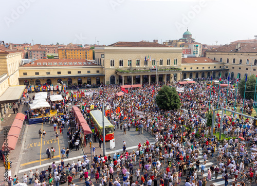 People gathered on 2 August 2018 to commemorate the Strage di Bologna, a terrorist attack on Bologna Centrale train station in 1980