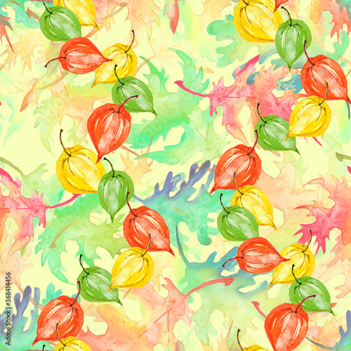 Vintage seamless watercolor pattern of  autumn leaves  physalis plant. Green  yellow  red  orange maple and oak leaf. stylish pattern. Abstract paint splash. Vintage Paper Background. autumn leaf