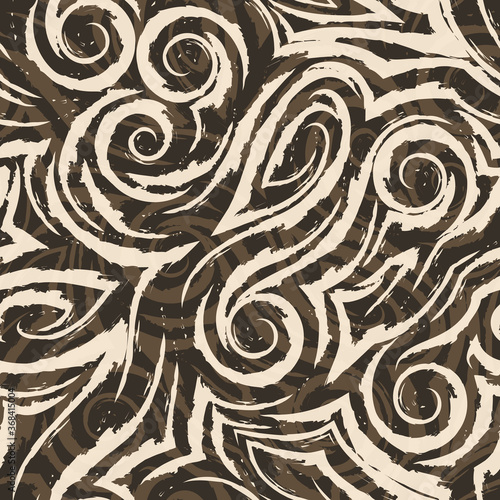 Vector seamless pattern of abstract shapes and splashes. on a brown background for decor. Texture for curtains fabrics or wrapping paper. Spiral waves bends and loops.