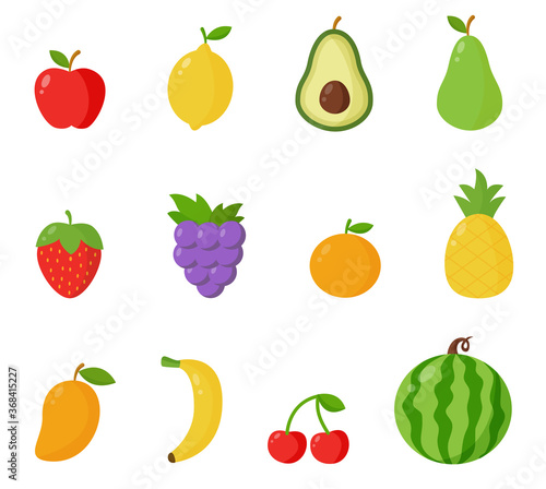 Collection of cartoon vector summer fruits isolated on white background.