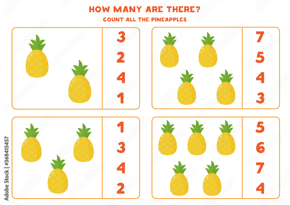 How many pineapples are there. Count and circle right answer. How many pineapples are there. Count and circle right answer.