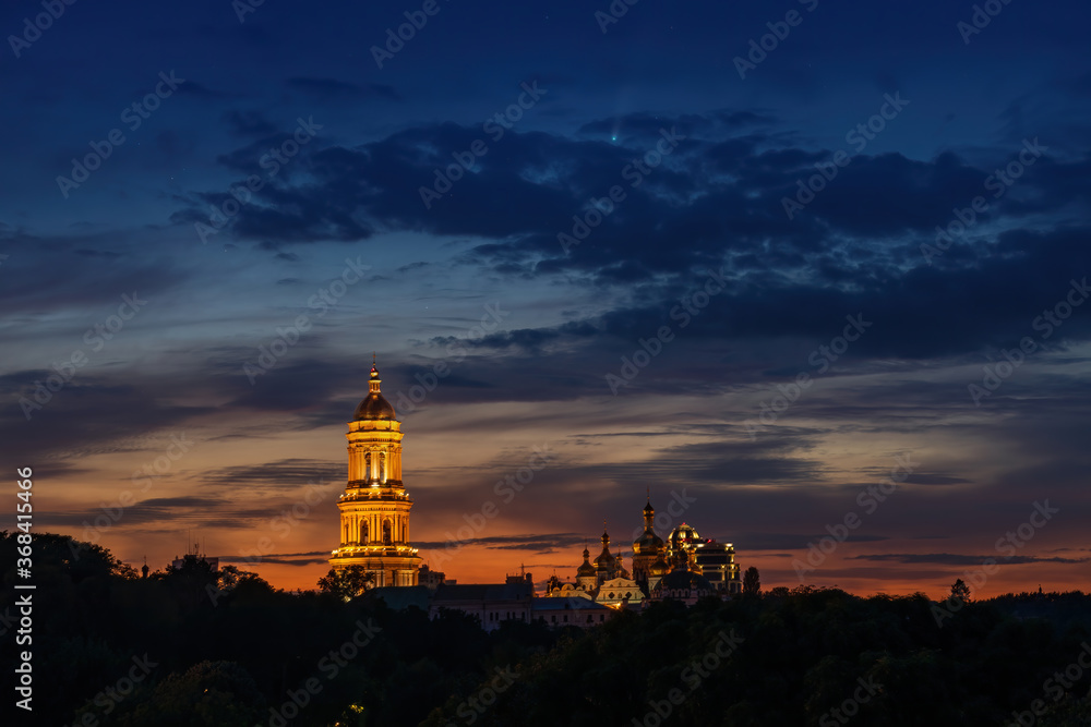 Neowise comet over the Kyiv Pechersk Lavra at night on July 2020.
