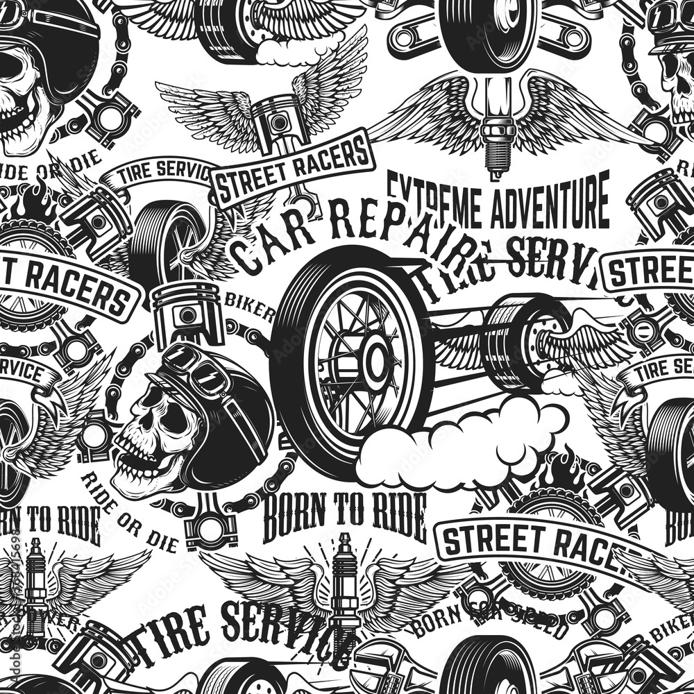 Seamless pattern with auto repair design elements in monochrome style. Design element for poster, card, banner. Vector illustration Seamless pattern with auto repair design elements in monochrome style. Design element for poster, card, banner. Vector illustration