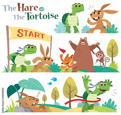 Vector Illustration of Cartoon the hare and the tortoise character set.  Turtle and rabbit racing. Fairy fable tale characters. © sararoom