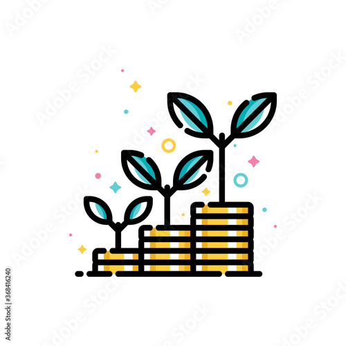 Financial investments or money savings concept with stacks of coins with plants growing up. Flat filled outline style icon. 72x72 pixel perfect. Editable stroke