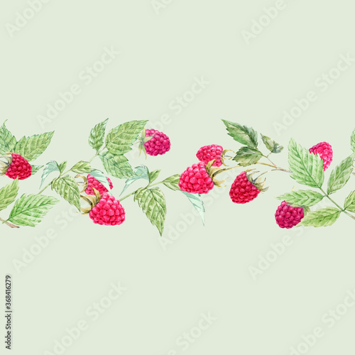 Beautiful vector seamless horizontal pattern with watercolor raspberry and leaves. Stock illustration.