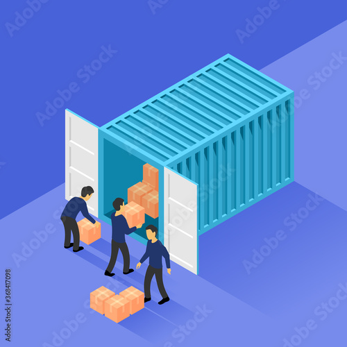 International logistics - people loading boxes into cargo container - logistic transportation world trade isometric concept