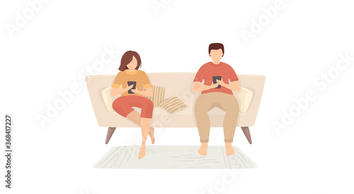 Couple suffering from social media addiction. Young man and woman sitting together on couch and using digital devices. Vector illustration concept of problems in relationships and comunication.